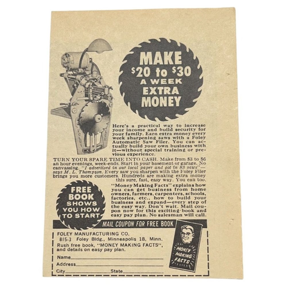 Foley Manufacturing Mini Print Ad Vintage 1963 Automatic Saw Filer Minneapolis